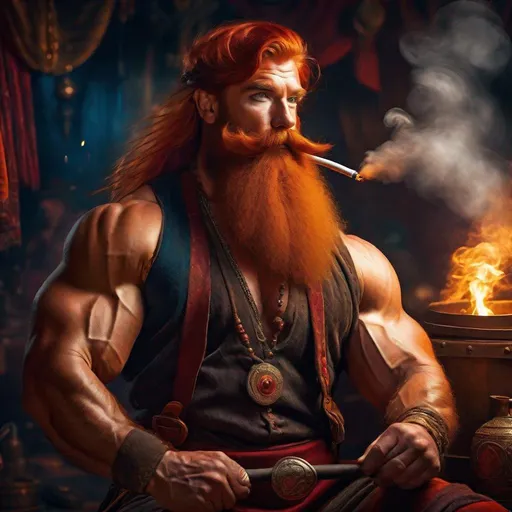 Prompt: Fantasy portrait of a red-haired male dwarf blacksmith with an extremely long beard, extremely long hair, smoking opium, rugged, very muscular arms, circus background, high-quality, fantasy, detailed facial features, long beard, long hair, smoking opium, circus setting, vibrant colors, magical atmosphere, whimsical, fantasy art, intricate details, mystical lighting