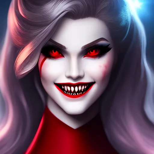 Prompt: portrait of cinderella as a bloodthirsty vampire, pale skin, sharp teeth, red eyes, huge smile, blood dripping from her mouth, trending on artstation