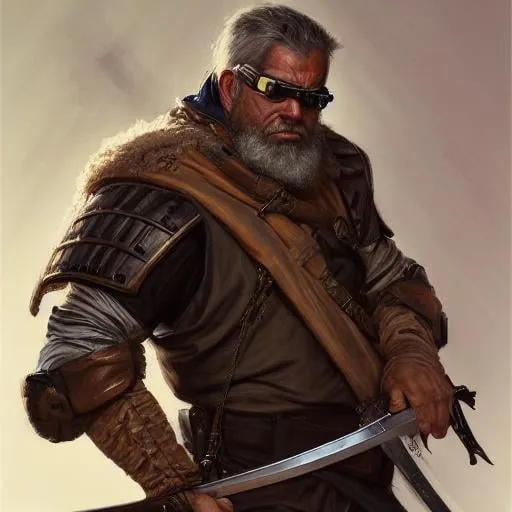 Prompt: portrait of a bounty hunter, rugged man, holding a sword, low fantasy, shaded goggles, highly detailed, dnd, fantasy, portrait, detailed face, trending on artstation, concept art, smooth, sharp focus, illustration, cinematic lighting, art by artgerm and greg rutkowski and alphonse