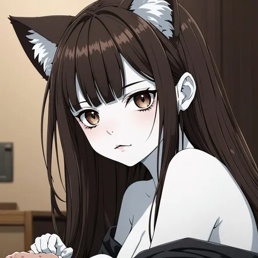 Prompt: anime, detailed, a dark brown haired 21 year old woman with cat ears and white skin