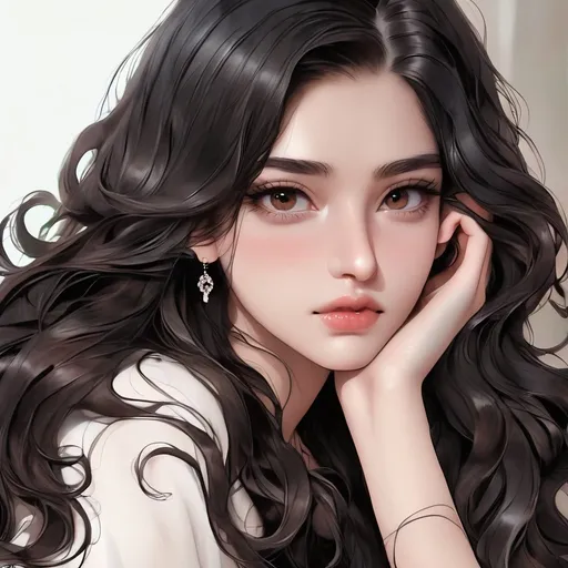 Prompt:  a 21 year old girl with long wavy dark brown almost black hair with the same color dark brown almost black eyes with earings and smaller lips and long eyelashes 