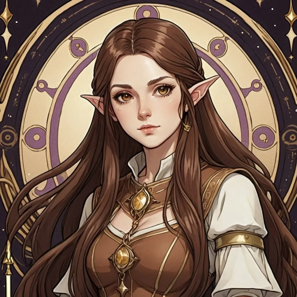 Prompt: tarot card Anime illustration,elf cleric woman with brown long hair and dark brown eyes