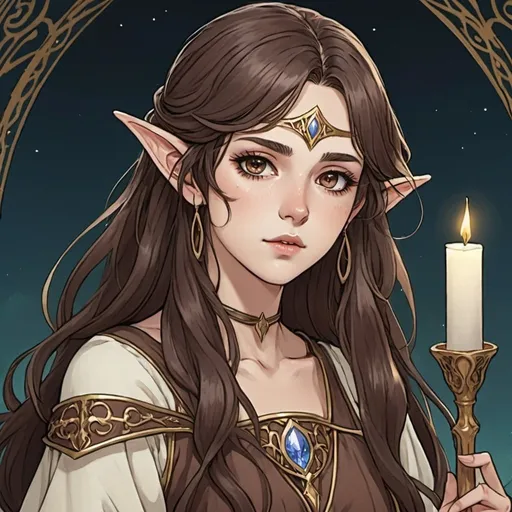 Prompt: tarot card Anime illustration, an elf cleric 21 year old girl with long wavy dark brown hair with the same color dark brown eyes and smaller lips and long eyelashes