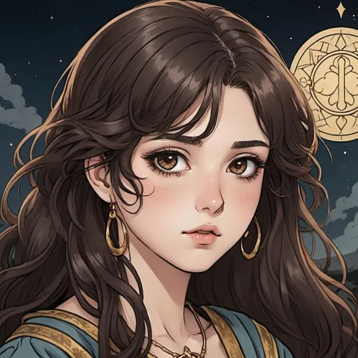 Prompt: tarot card Anime illustration, a 21 year old girl with long wavy dark brown hair with the same color dark brown eyes and smaller lips and long eyelashes