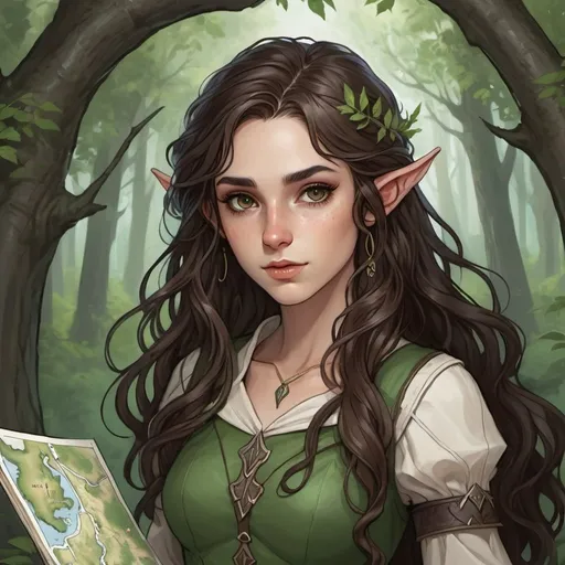 Prompt: A top-down map of a forest, an elf cleric 21 year old girl with long wavy dark brown hair with the same color dark brown eyes and smaller lips and long eyelashes