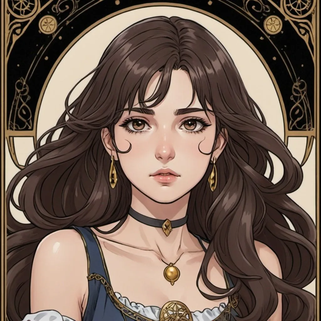 Prompt: tarot card Anime illustration, a 21 year old girl with long wavy dark brown hair with the same color dark brown eyes and smaller lips and long eyelashes