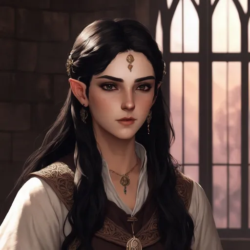 Prompt:  a 21 year old elf girl cleric with long wavy dark brown almost black hair with the same color dark brown almost black eyes with earings and smaller lips and long eyelashes 