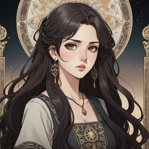 Prompt: tarot card Anime illustration, a 21 year old girl with long wavy dark brown almost black hair with the same color dark brown almost black eyes with earings and smaller lips 