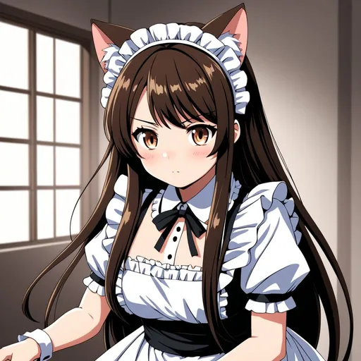 Prompt: anime, detailed, a dark brown haired 21 year old woman with cat ears long hair cute maid dress