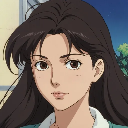 Prompt: 1990s anime screencap, a 21 year old girl with long wavy dark brown hair with the same color dark brown eyes and smaller lips and long eyelashes