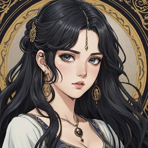 Prompt: tarot card Anime illustration, a 21 year old girl with long wavy dark almost black hair with the same color dark almost black eyes with earings and smaller lips 