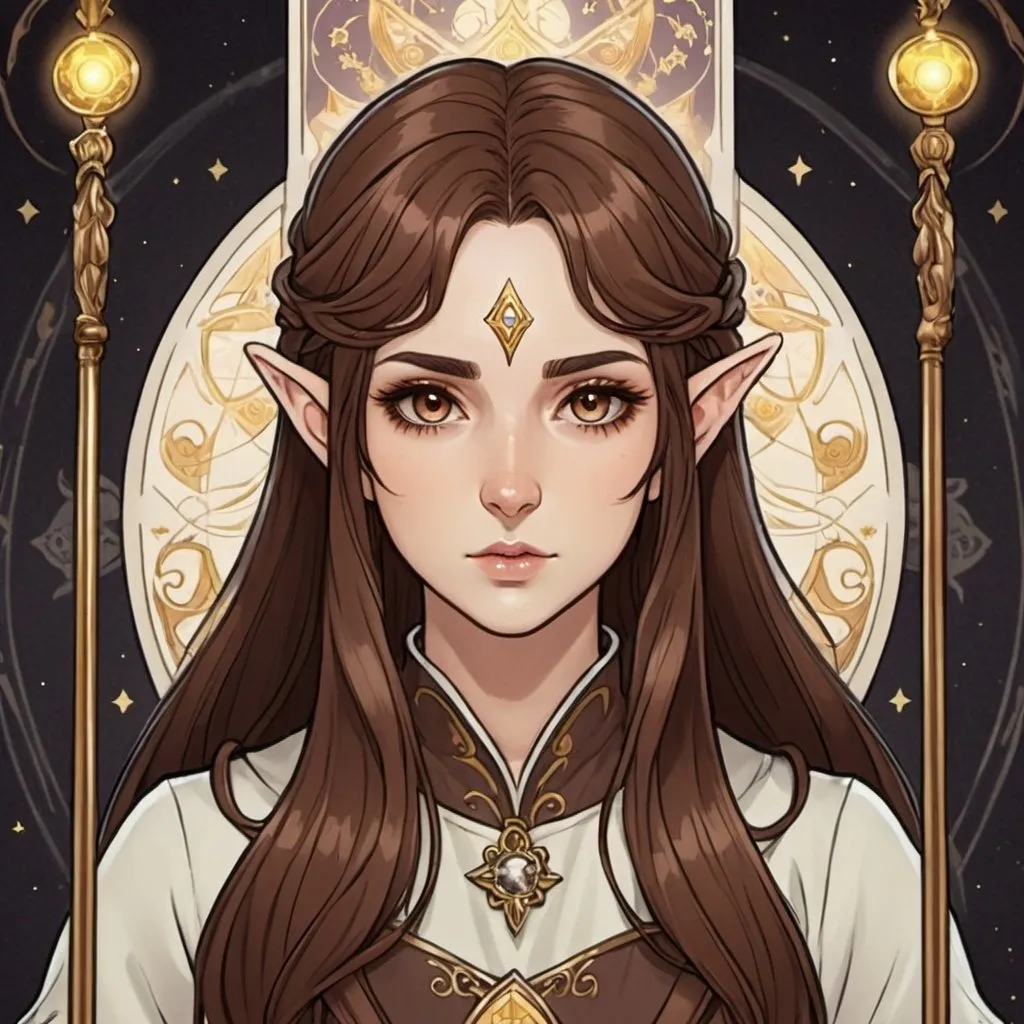 Prompt: tarot card Anime illustration,elf cleric woman with brown long hair and dark brown eyes