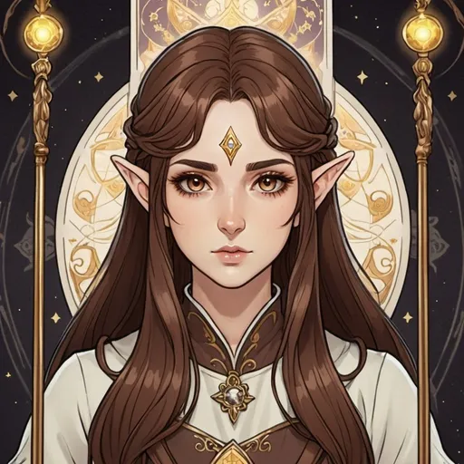 Prompt: tarot card Anime illustration,elf cleric woman with brown long hair and dark brown eyes