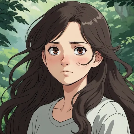 Prompt: 2d studio ghibli anime style,  a 21 year old girl with long wavy dark brown hair with the same color dark brown eyes and smaller lips and long eyelashes 