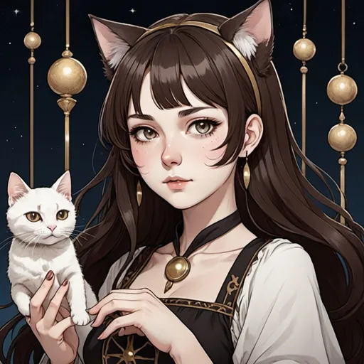 Prompt: tarot card Anime illustration, a dark brown haired 21 year old woman with cat ears and white skin