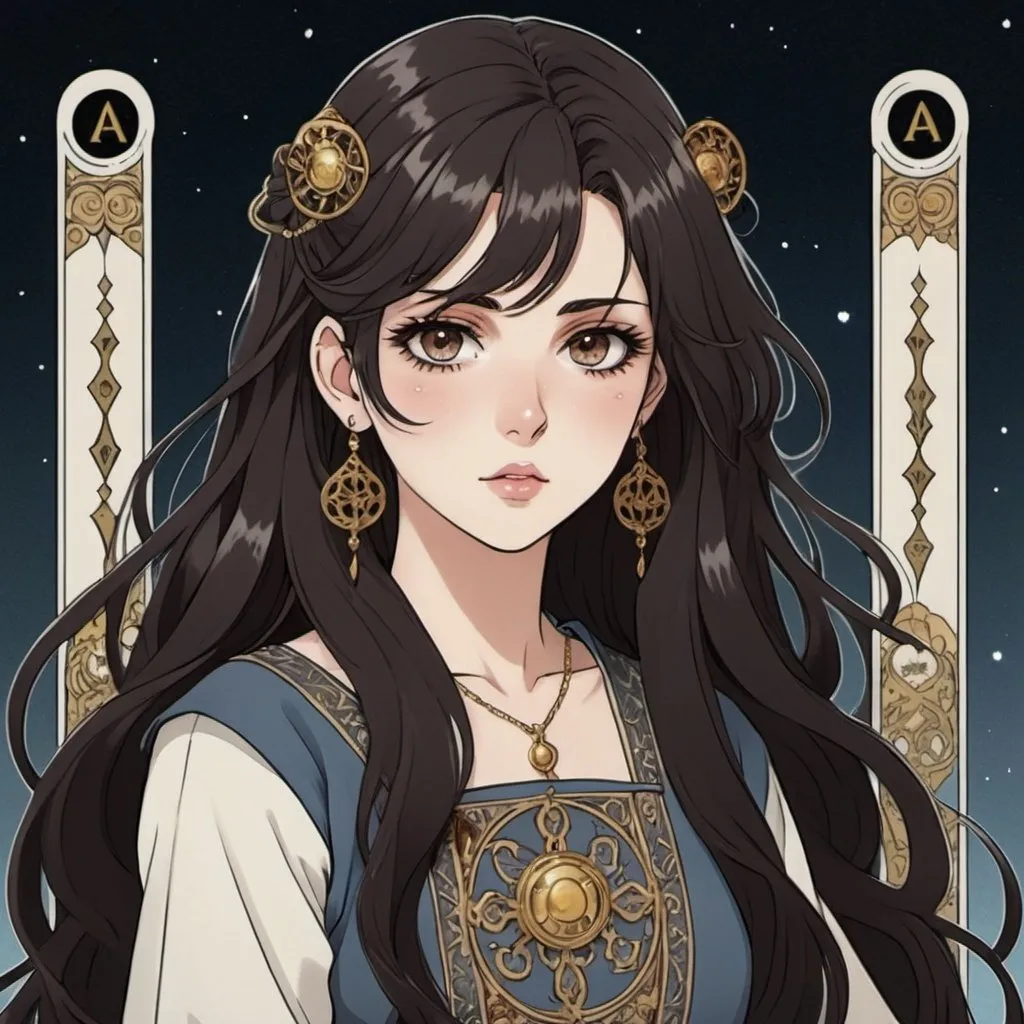 Prompt: tarot card Anime illustration, a 21 year old girl with long wavy dark brown almost black hair with the same color dark brown almost black eyes with earings and smaller lips 