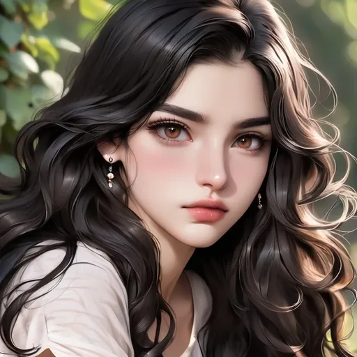 Prompt:  a 21 year old girl with long wavy dark brown almost black hair with the same color dark brown almost black eyes with earings and smaller lips and long eyelashes 