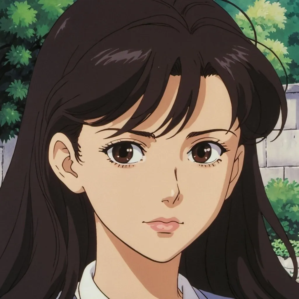Prompt: 1990s anime screencap, a 21 year old girl with long wavy dark brown hair with the same color dark brown eyes and smaller lips and long eyelashes