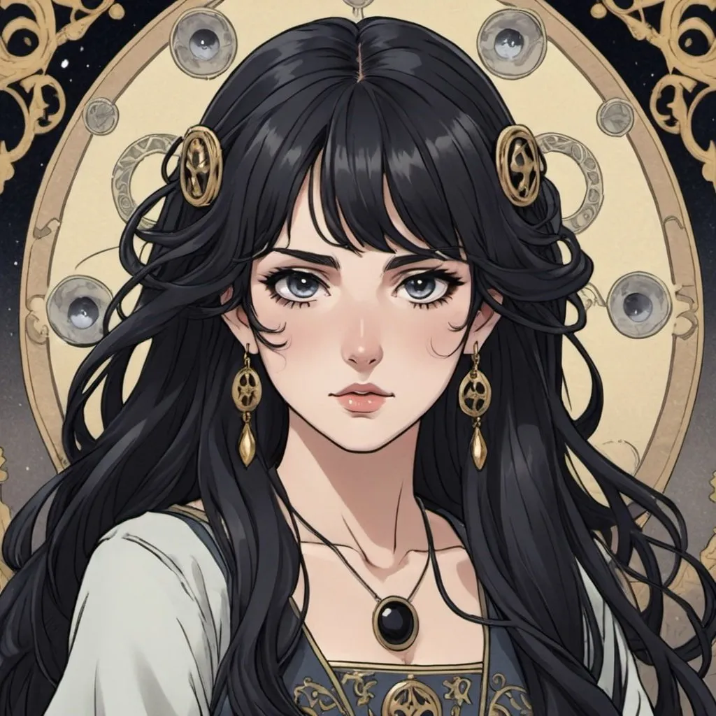 Prompt: tarot card Anime illustration, a 21 year old girl with long wavy dark almost black hair with the same color dark almost black eyes with earings and smaller lips 