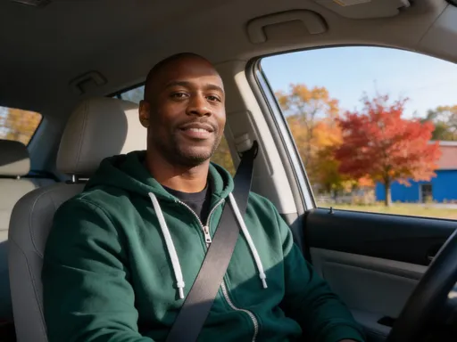 Prompt: Here’s a clear, detailed description of the photo—no assumptions, just what’s visible:

The image shows an adult man seated inside a vehicle, captured from a slightly low, front-facing angle, as if taken with a phone held near chest level. He is wearing a forest-green zip-up hoodie with white drawstrings, partially zipped, and a dark shirt underneath. A seatbelt crosses diagonally over his chest, indicating he is seated in the front seat of the car.

His head is shaved clean, and he has neatly groomed facial hair consisting of a short salt-and-pepper goatee and mustache. His expression is neutral and relaxed, with lips closed and eyes looking directly at the camera. His face appears calm and composed, giving off a grounded, straightforward presence.

The lighting is natural daylight coming from the right side of the image (through the car window), softly illuminating his face without harsh shadows. The interior of the car is light gray, including the ceiling, grab handle above the door, and trim around the window.

Through the window on the right side of the frame, an outdoor scene is visible: trees with autumn-colored leaves (reds, oranges, and browns) and a clear sky, suggesting the photo was taken during fall. Part of a building with a blue exterior can also be seen outside the window.

Overall, the photo feels casual and candid—clean, natural, and unposed—with a calm, everyday setting and a steady, confident presence.

