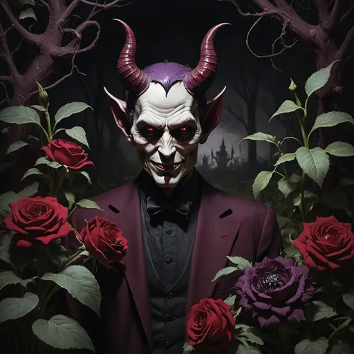 Prompt: Create a dramatic and surreal painting featuring a devilish figure as the central character. The scene is set in a dimly lit, opulent garden at night, evoking the atmosphere of a high-class event. The central figure should be depicted with exaggerated, grotesque features, including glowing eyes and a sinister grin. Surround the figure with dark, shadowy elements that suggest treachery and deceit, blending into the background. Use a rich color palette of dark reds, deep purples, and blacks with sharp contrasts to emphasize the figure’s malevolent expression. Incorporate subtle details like wilted flowers and twisted foliage to enhance the sense of underlying corruption. The overall mood should be eerie and unsettling, capturing a sense of deceit and untrustworthiness