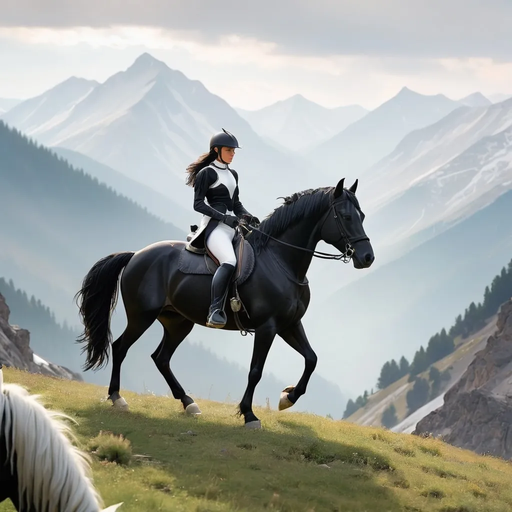 Prompt: White rider with black horse in the middle of mountains