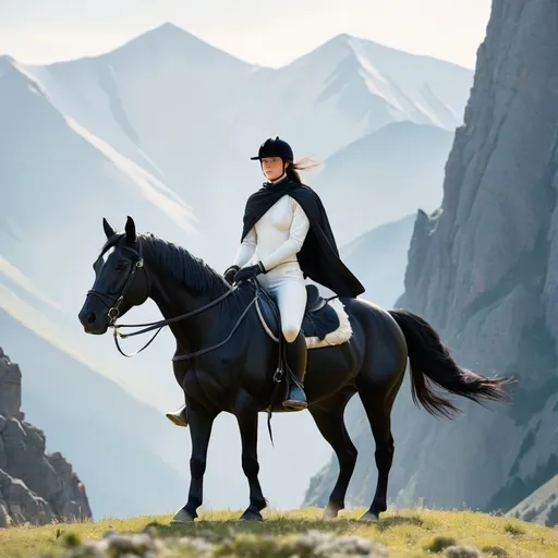 Prompt: White rider with black horse in the middle of mountains