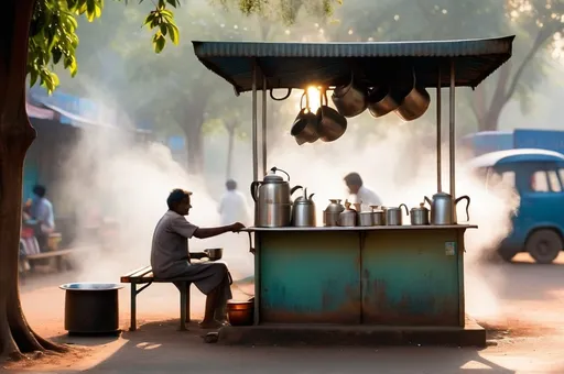 Prompt: A clean roadside tea stall outside a park in India, steel finish on the tea stall walls, a person making tea inside the stall, some steam coming from the kettles and from inside the stall, two long benches a little away for customers to sit, early morning feel, sunlight streams from the sky