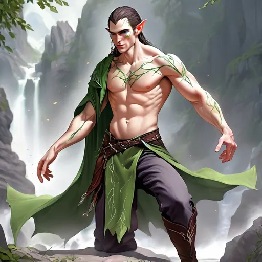 Prompt: elven male mage body feeble with war scar
