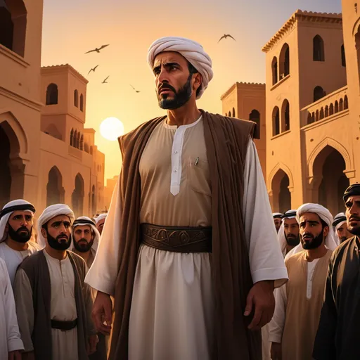 Prompt: "Create a dramatic scene in an ancient Middle Eastern town. Show a crowd of diverse people in panic after the death of a leader. In the foreground, a strong man, the leader's stepfather, stands confidently, ready to take charge. The setting is at sunset, with warm colors illuminating the buildings. Capture a mix of fear and hope in the expressions of the people, and show the stepfather's determination."