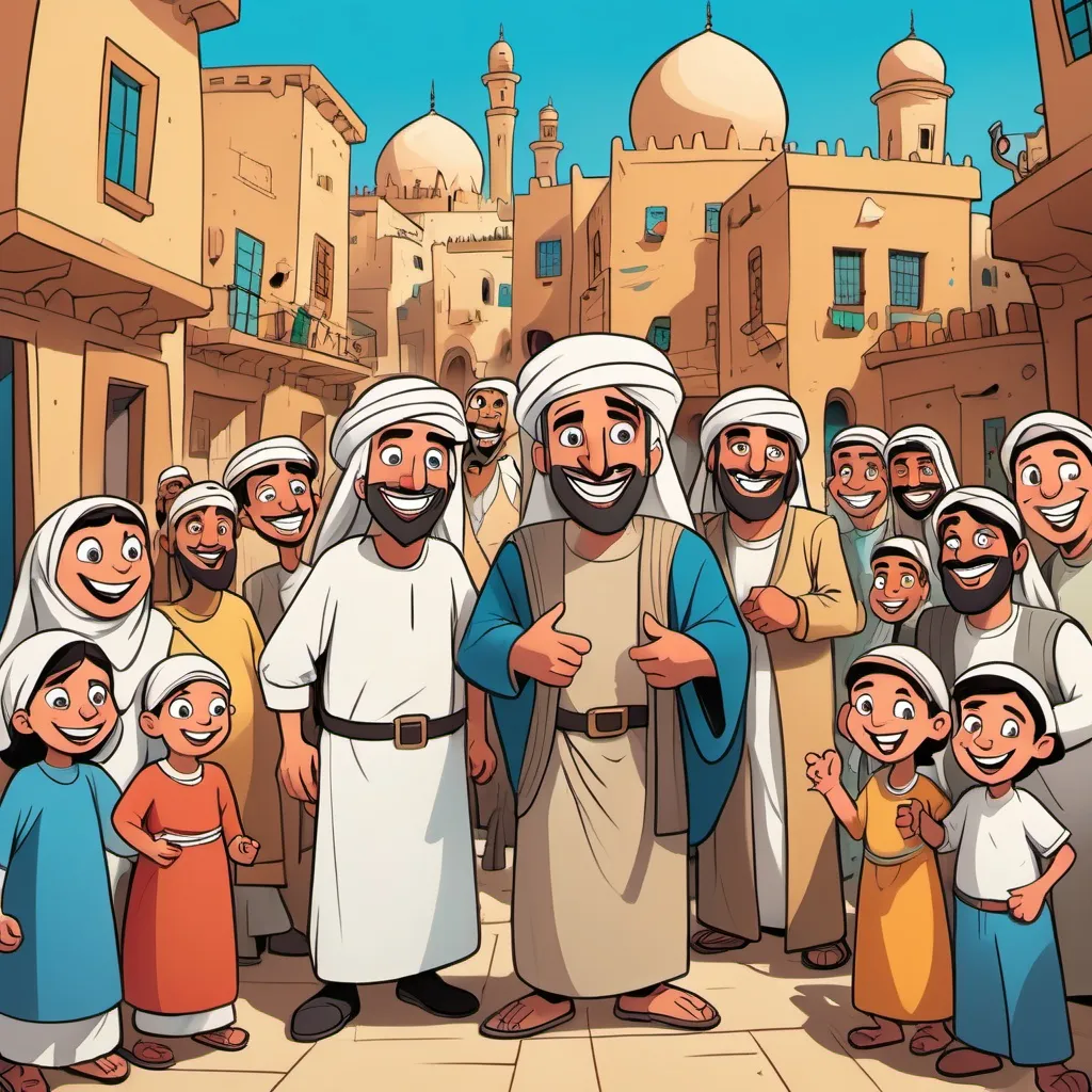 Prompt: "Draw a colorful, cartoon-style scene of a cheerful ancient Middle Eastern town. Show a crowd of happy characters with big smiles and fun, exaggerated features. In the front, a kind man, the leader's stepfather, stands proudly, wearing bright clothes. Add speech bubbles with phrases like 'I’ll take care of everything!' and 'We’re all in this together!' The background should have bright, simple buildings and palm trees, making it look friendly and inviting."