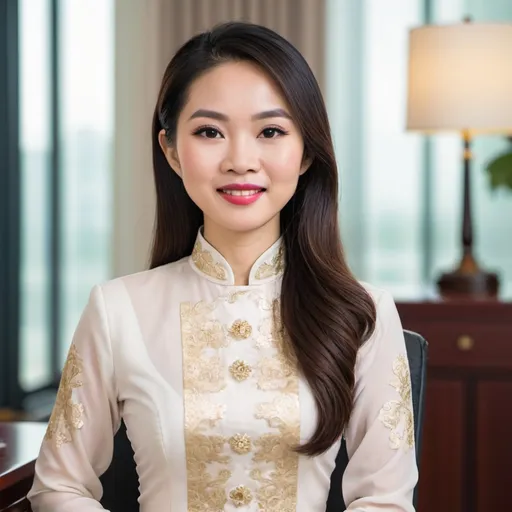 Prompt: Professional photo of a Vietnamese female CEO wearing an ao dai