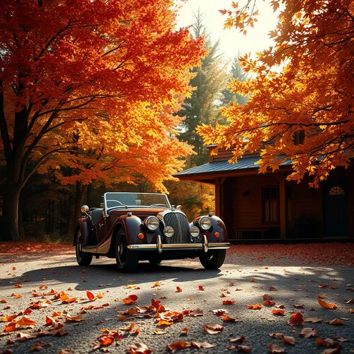 Prompt: Morgan +4 (parked in front of a cozy cabin), vibrant autumn foliage, trees displaying rich hues of orange, red, and yellow, soft sunlight filtering through branches, tranquil atmosphere, leaves crunching underfoot, charming rustic architecture of the cabin, warm tones, cool breeze, inviting scene, perfect for fall, high detail, 4K quality.