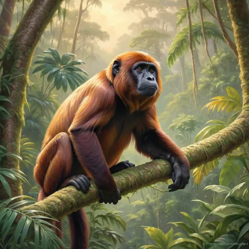 Prompt: a columbian red howler in the Amazon jungle  in Thomas kinkade style