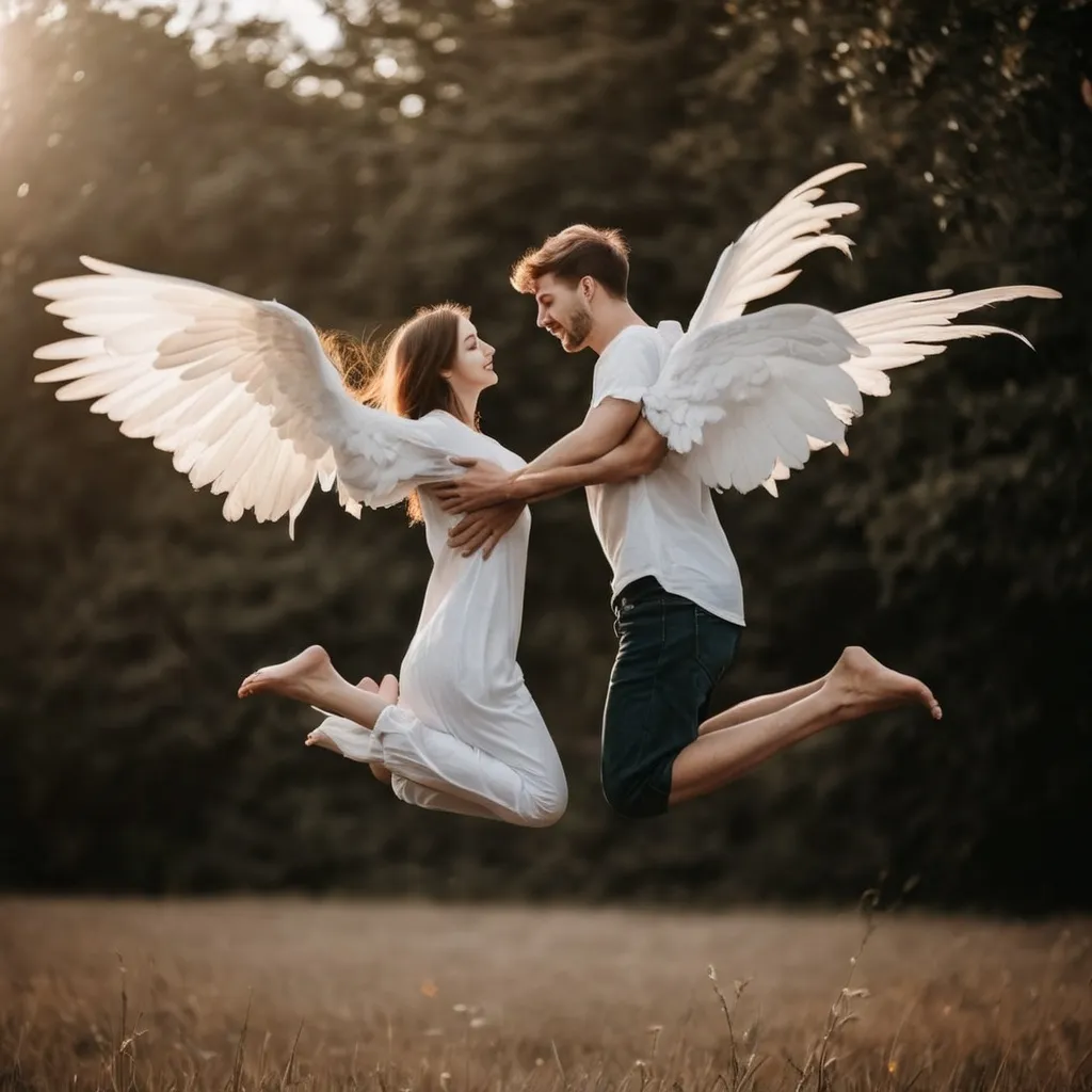 Prompt: Beautiful couple in love carrying, floating above the ground with wings on their backs.