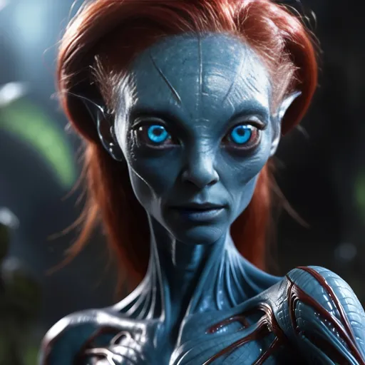 Prompt: A alien species greeting us with first contact, evolved ancestor of the spider, female, 4k quality, red hair, blue eyes