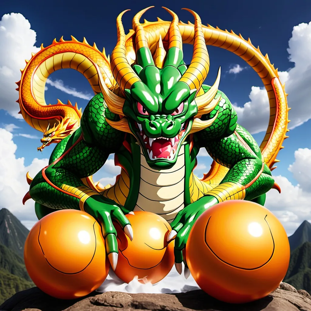 Prompt: Shenron emerging from the Dragon Balls, ready to grant a wish to those who summon him.