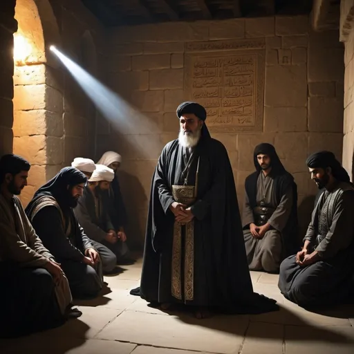 Prompt: 
“In a dark, ancient chamber, Hasan Sabbah stands tall and commanding, dressed in elaborate, dark robes, exuding authority and mysticism. Before him, a group of Hashashin assassins are kneeling in deep, reverent prostration, their heads bowed low in complete submission. The room is dimly lit by flickering torches, with shadows dancing on the stone walls, creating an atmosphere of intense devotion and secrecy. The scene emphasizes the absolute loyalty and obedience of the Hashashins to their enigmatic leader.”