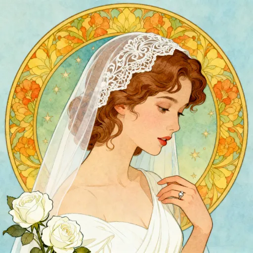 Prompt: This is a digital illustration in a vintage, Art Nouveau style, depicting a young woman with a fair complexion and wavy, chestnut-brown hair adorned with a white veil featuring intricate designs. She is facing to the right. She is gazing downward with a serene expression, her lips slightly parted. She wears a white dress. On her leftt hand, she has a wedding ring which adds a romantic touch. The background is a soft, pale blue with a decorative, circular frame surrounding her head, filled with warm tone floral patterns and small stars. At the bottom left, there are two white roses, adding to the natural theme. The overall color palette is warm and soothing, with shades of yellow, orange, green, and blue. The illustration has a smooth, polished texture, with clean lines and a slightly muted color scheme that enhances the nostalgic, dreamy feel of the Art Nouveau style.