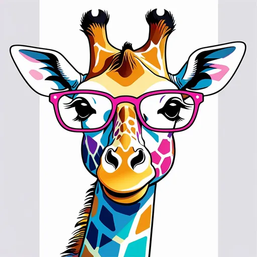 Prompt: Vector line art drawing of a colorful sketch, whimsical children's room decor, adorable giraffe with glasses, vibrant pastel colors, playful and charming, detailed linework, high quality, professional, artistic, children's illustration, cute decor, detailed linework, vibrant, playful, colorful sketch, vector art, happy