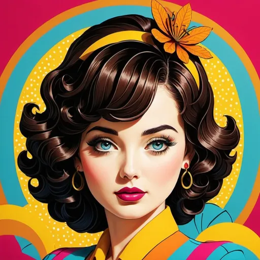 Prompt: retro pop art style, poster illustration,  beautiful woman, perfect eyes, perfect eyelashes, symmetrical eyelashed, bold colors, vintage vibe, detailed linework, high contrast, iconic imagery, 50s aesthetic, distinctive patterns, professional quality, vivid colors, retro style, vintage, bold linework, high contrast, iconic design, vibrant colors, detailed, professional