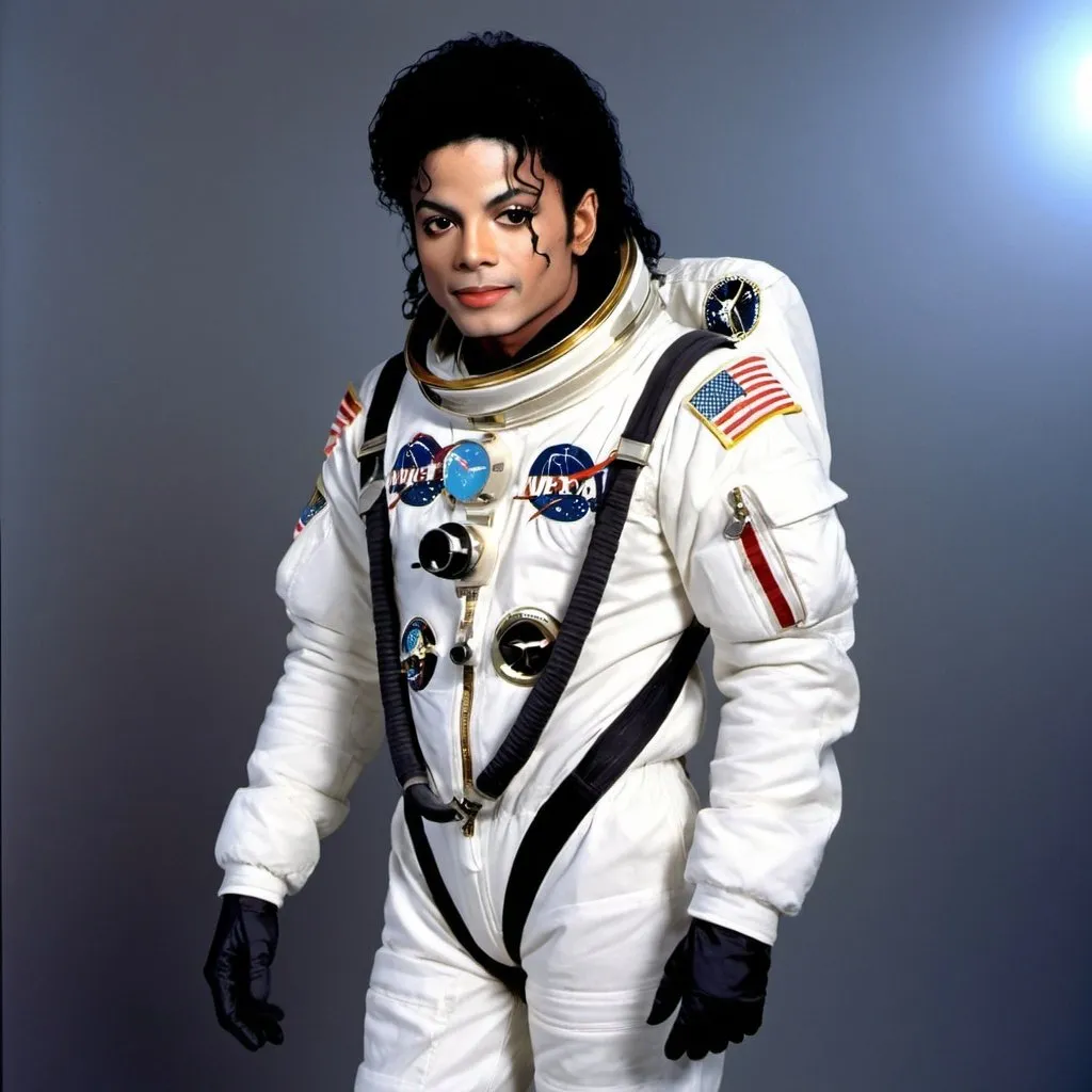 Prompt: Michael Jackson in astronaut suit, he danced moon walk on the moon, side view 