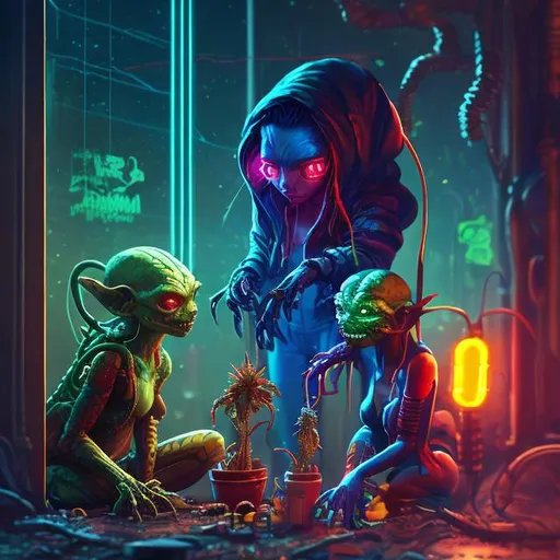 Prompt: realistic little venomous  neon red and blue and yellow  Cyberpunk goblins female and male,  next to a cannabis plant , on a starry planet``