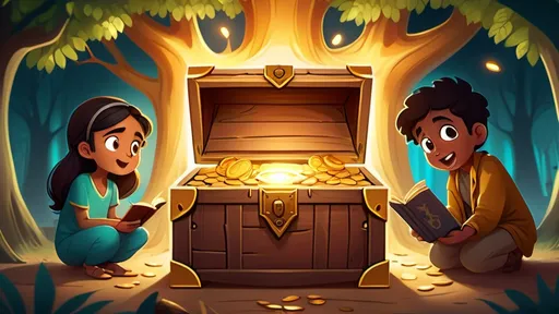 Prompt: Inside the tree, a small glowing chamber with a large wooden treasure chest. The chest is open, revealing gold coins, sparkling jewels, and a dusty old book. Ali, Hassan, and Zainab stare at the chest in wonder, with the light from the chest illuminating their amazed faces."