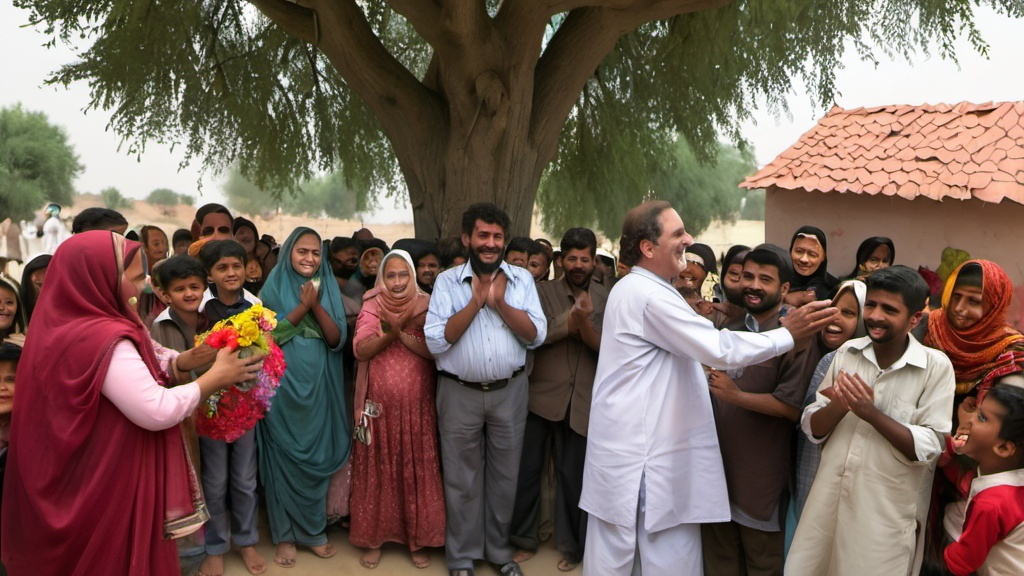 Prompt: The village is full of people gathered around the returning children. The elders, including Hakeem Shah, clap and smile warmly. The treasure chest is open, but the focus is on the children's happy faces. There’s a festive atmosphere, with people standing under trees, some carrying flowers and garlands."