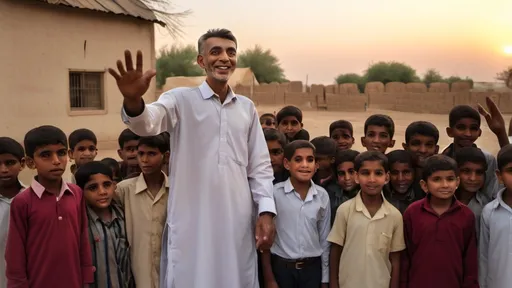 Prompt: Hakeem Shah standing in the village square, surrounded by the children and villagers. He raises one hand as he delivers the final lesson about honesty, kindness, and the true treasure of life. Ali, Hassan, and Zainab stand beside him, smiling. The golden sunset in the background adds a sense of completion and warmth."