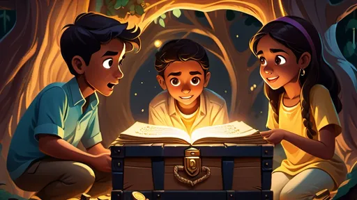 Prompt: Inside the tree, a small glowing chamber with a large wooden treasure chest. The chest is open, revealing gold coins, sparkling jewels, and a dusty old book. Ali, Hassan, and Zainab stare at the chest in wonder, with the light from the chest illuminating their amazed faces."