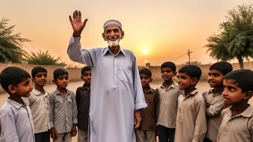 Prompt: Hakeem Shah a wise old man, standing in the village square, surrounded by the children and villagers. He raises one hand as he delivers the final lesson about honesty, kindness, and the true treasure of life. Ali, Hassan, and Zainab stand beside him, smiling. The golden sunset in the background adds a sense of completion and warmth."