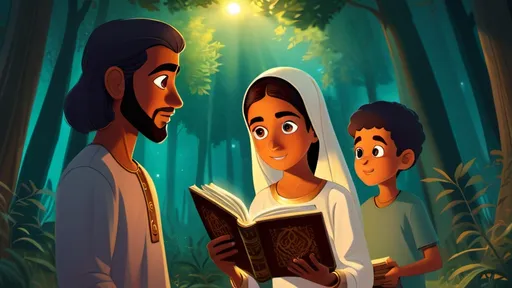 Prompt: "Zainab holds the ancient book from the treasure chest, her eyes scanning the message. Ali and Hassan stand beside her, reading along. The book glows softly, and the surrounding forest seems calm and peaceful, as if waiting for them to understand its message."