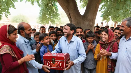 Prompt: The village is full of people gathered around the returning children. The elders, including Hakeem Shah, clap and smile warmly. The treasure chest is open, but the focus is on the children's happy faces. There’s a festive atmosphere, with people standing under trees, some carrying flowers and garlands."